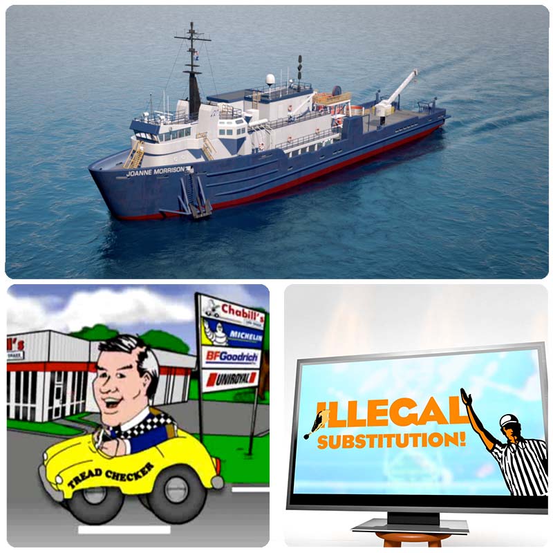 3D Animated Boat on water, hand drawn animation, and a television with a re-mapped screen.