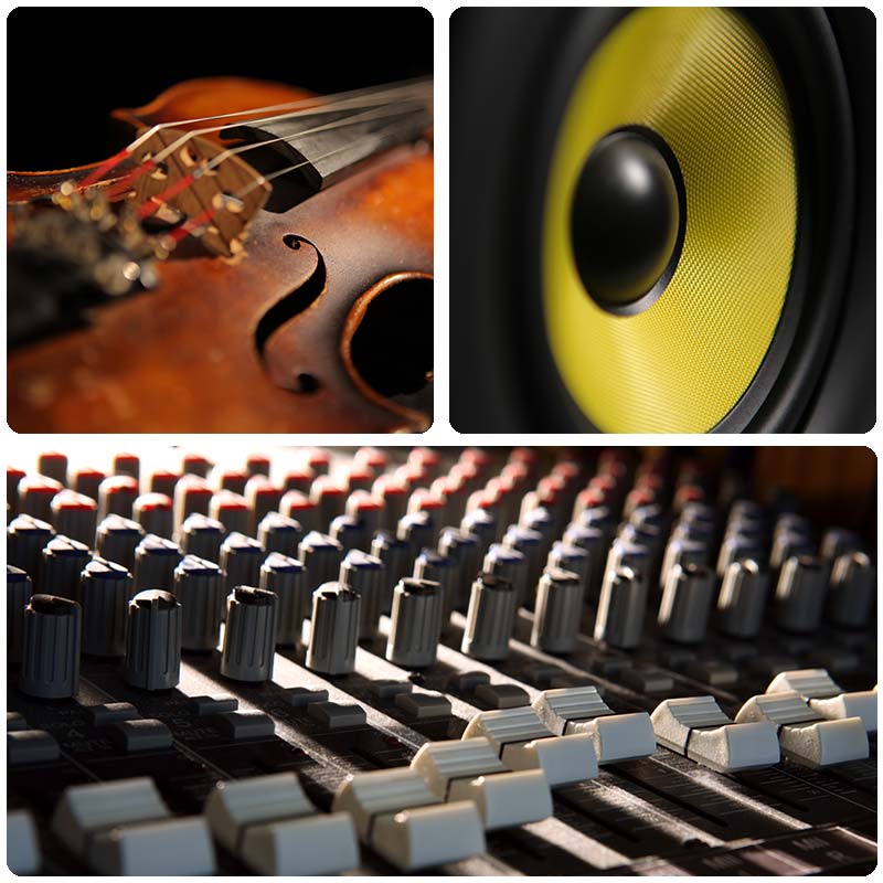 Compilation of musical instruments and speakers.