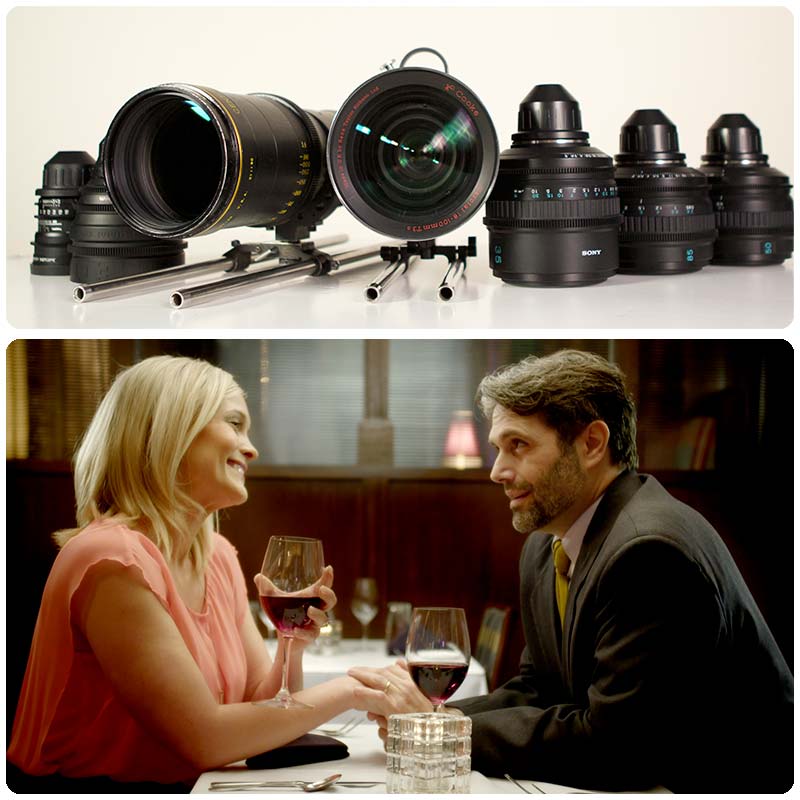 A collection of lenses that belongs to vidox and a scene from a commercial shot by Vidox in which two people have a romantic dinner.